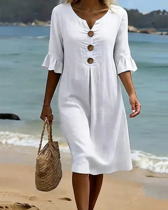 Vanesa™ | Vestido texturizado con mangas abullonadas y botones - detalle