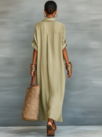 Manelle | Vestido largo verde oliva de líneas minimalistas - detalle