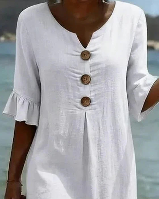 Vanesa™ | Vestido texturizado con mangas abullonadas y botones - detalle