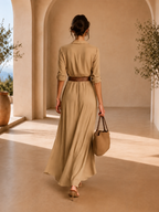 Vestido Aura en beige camel, vista posterior