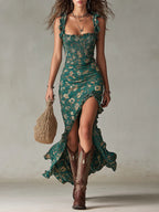 Vestido maxi verde estampado bohemio con mangas de volantes