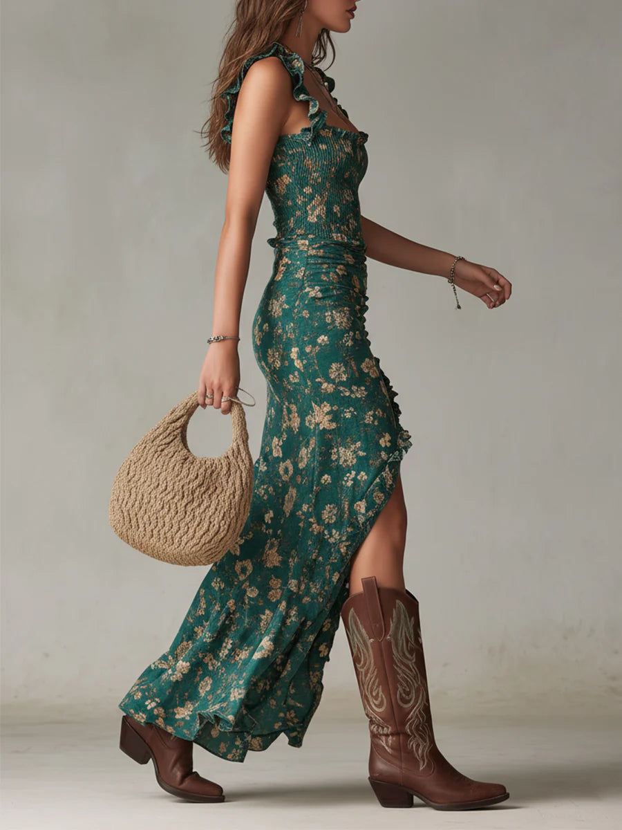 Vestido maxi verde estampado bohemio con mangas de volantes