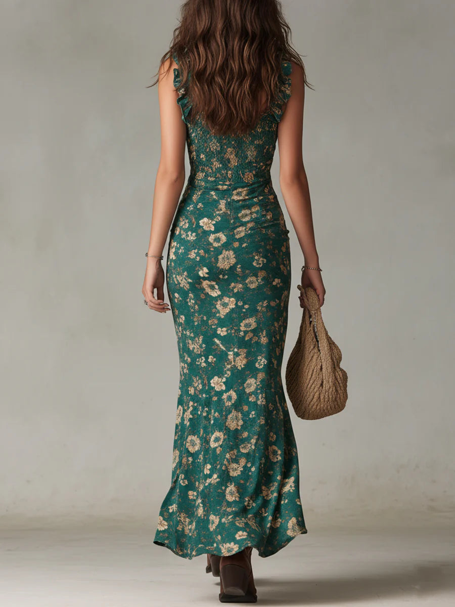 Vestido maxi verde estampado bohemio con mangas de volantes