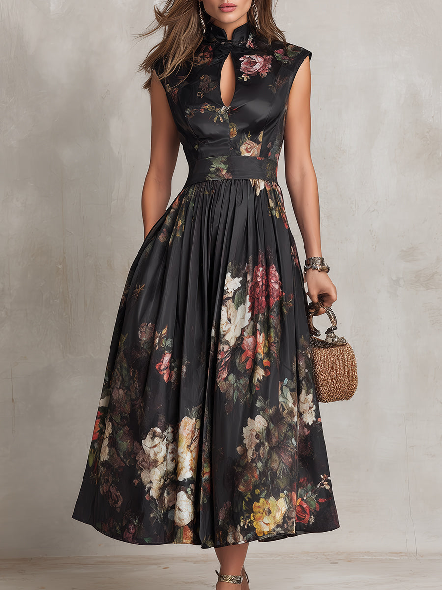 Vestido midi de satén plisado con escote lágrima negro