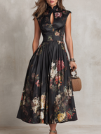 Vestido midi de satén plisado con escote lágrima negro