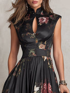 Vestido midi de satén plisado con escote lágrima negro
