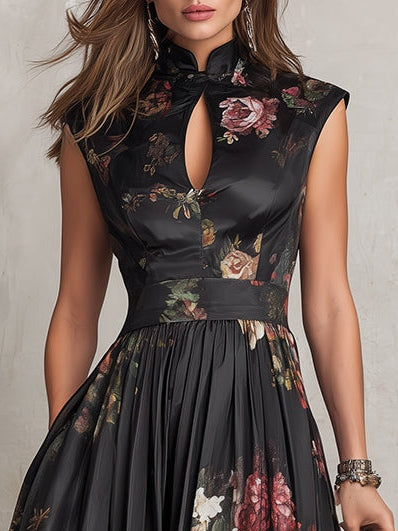 Vestido midi de satén plisado con escote lágrima negro