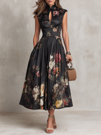 Vestido midi de satén plisado con escote lágrima negro