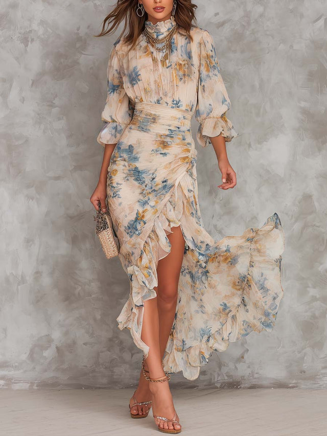 Vestido maxi irregular de gasa con estampado floral