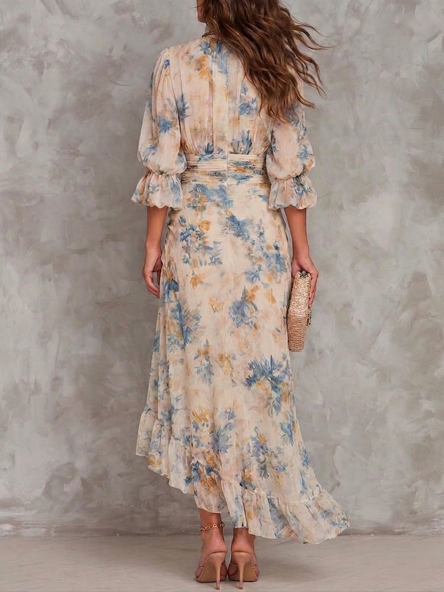 Vestido maxi irregular de gasa con estampado floral