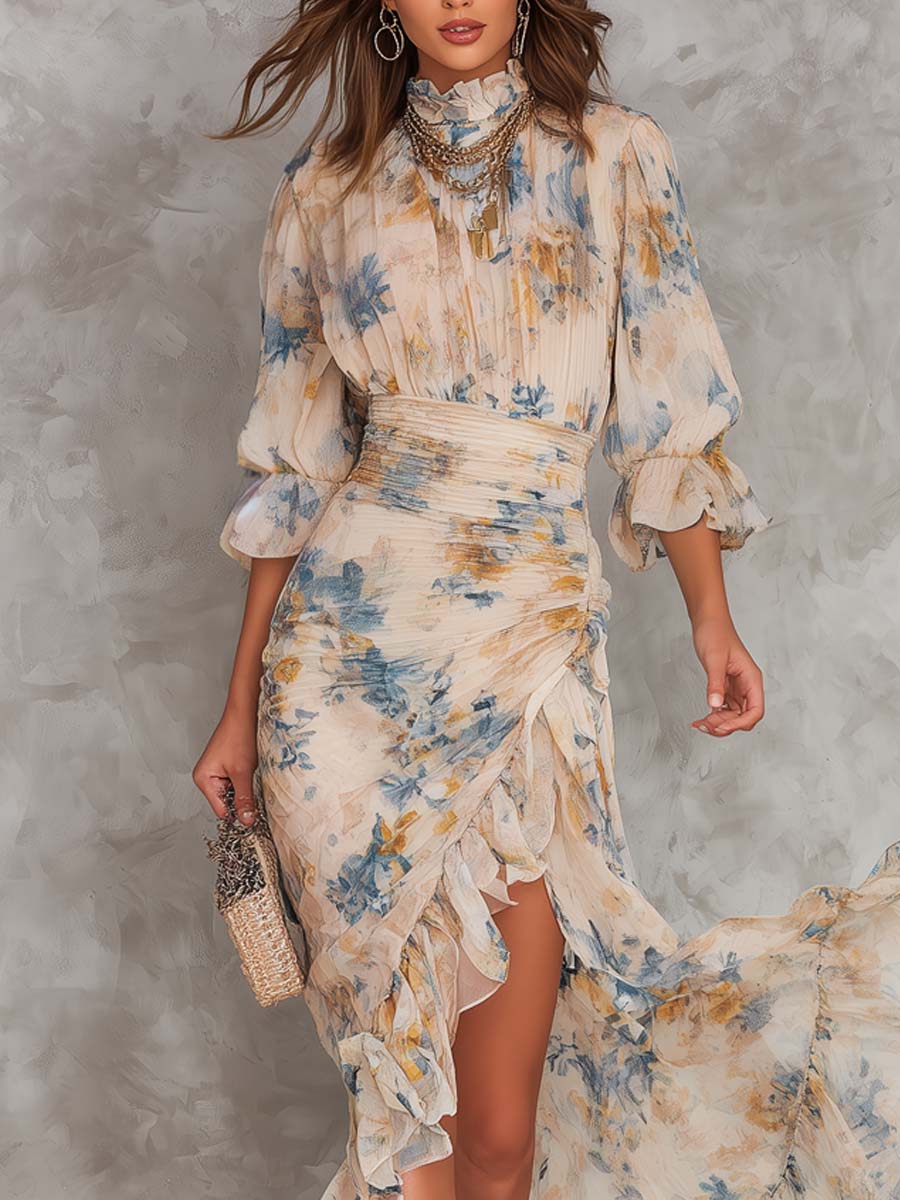 Vestido maxi irregular de gasa con estampado floral