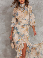 Vestido maxi irregular de gasa con estampado floral