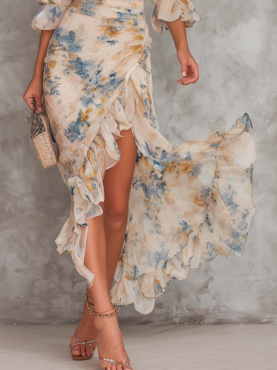 Vestido maxi irregular de gasa con estampado floral