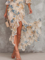 Vestido maxi irregular de gasa con estampado floral