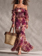 Vestido maxi de gasa rosa con hombros descubiertos