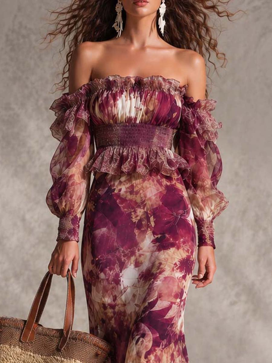 Vestido maxi de gasa rosa con hombros descubiertos