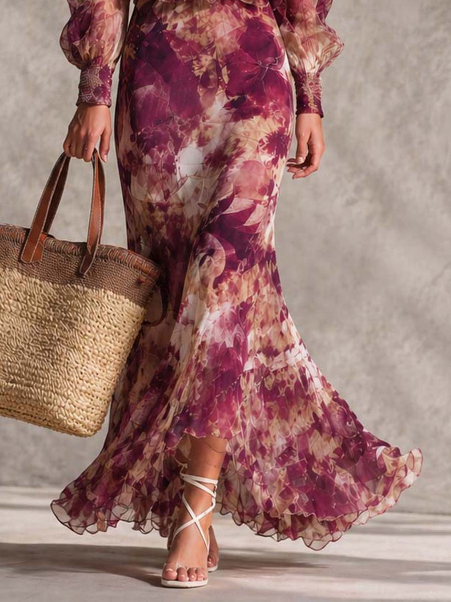Vestido maxi de gasa rosa con hombros descubiertos