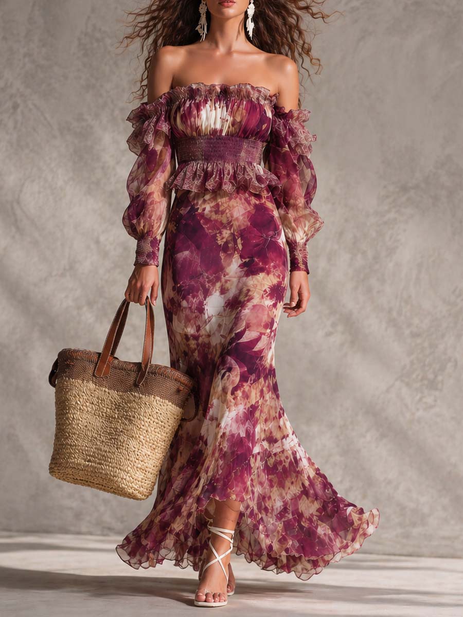 Vestido maxi de gasa rosa con hombros descubiertos