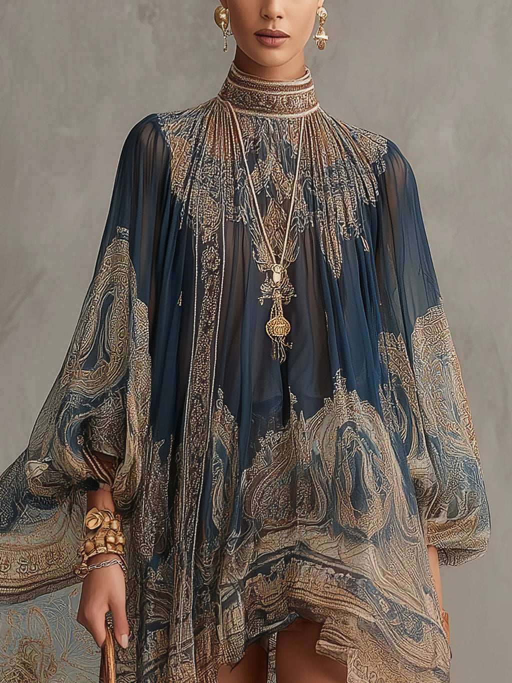 Vestido mini de gasa con estampado barroco azul marino