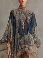 Vestido mini de gasa con estampado barroco azul marino