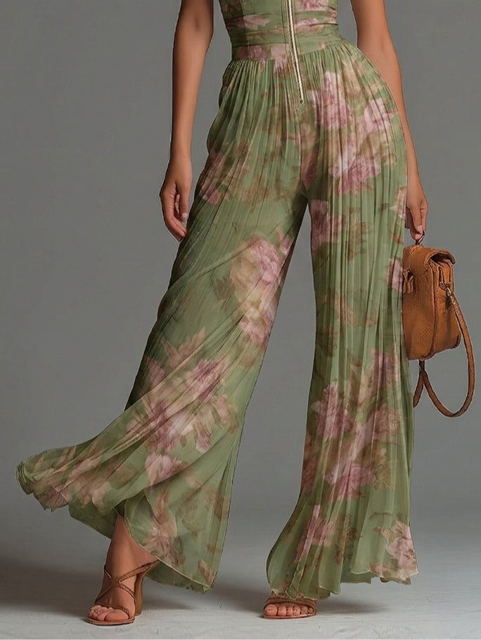 Mono verde floral de gasa sin mangas con cremallera