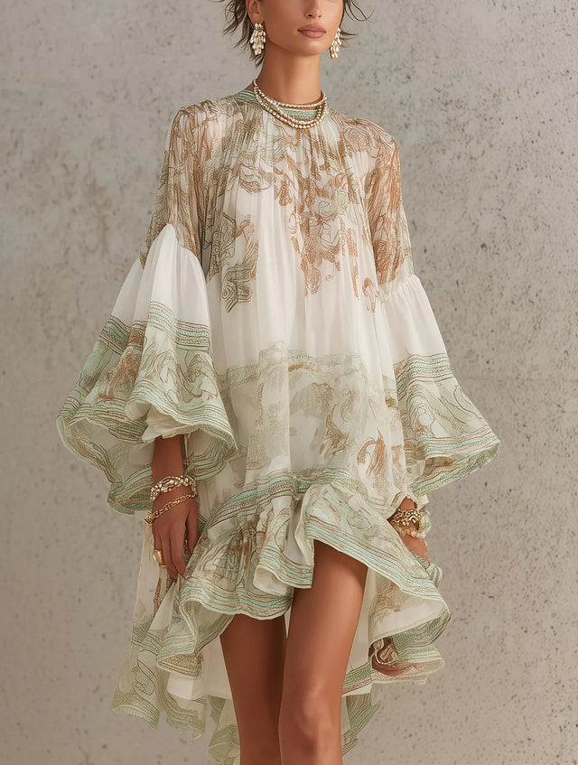 Vestido mini de gasa verde a rayas con mangas de volantes