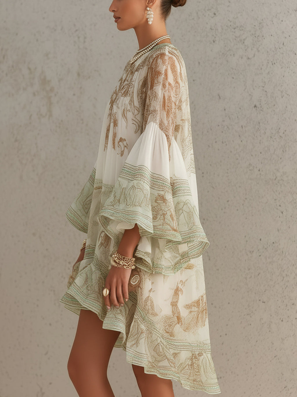 Vestido mini de gasa verde a rayas con mangas de volantes