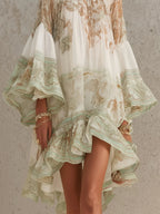 Vestido mini de gasa verde a rayas con mangas de volantes