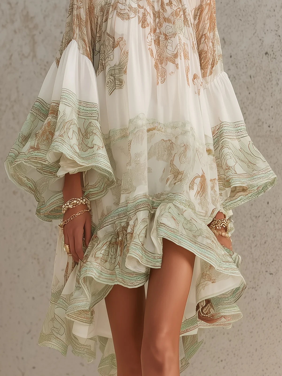 Vestido mini de gasa verde a rayas con mangas de volantes