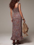 Vestido maxi floral plisado gris púrpura