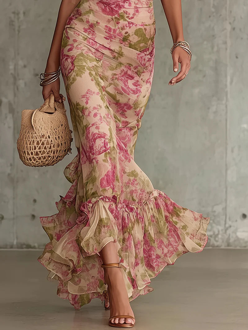 Vestido maxi con estampado de rosas vintage y mangas abullonadas