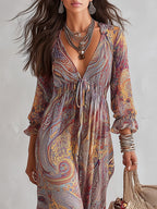 Vestido maxi de gasa con estampado paisley y escote en V