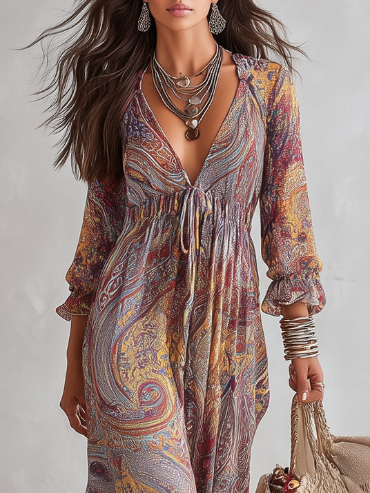 Vestido maxi de gasa con estampado paisley y escote en V