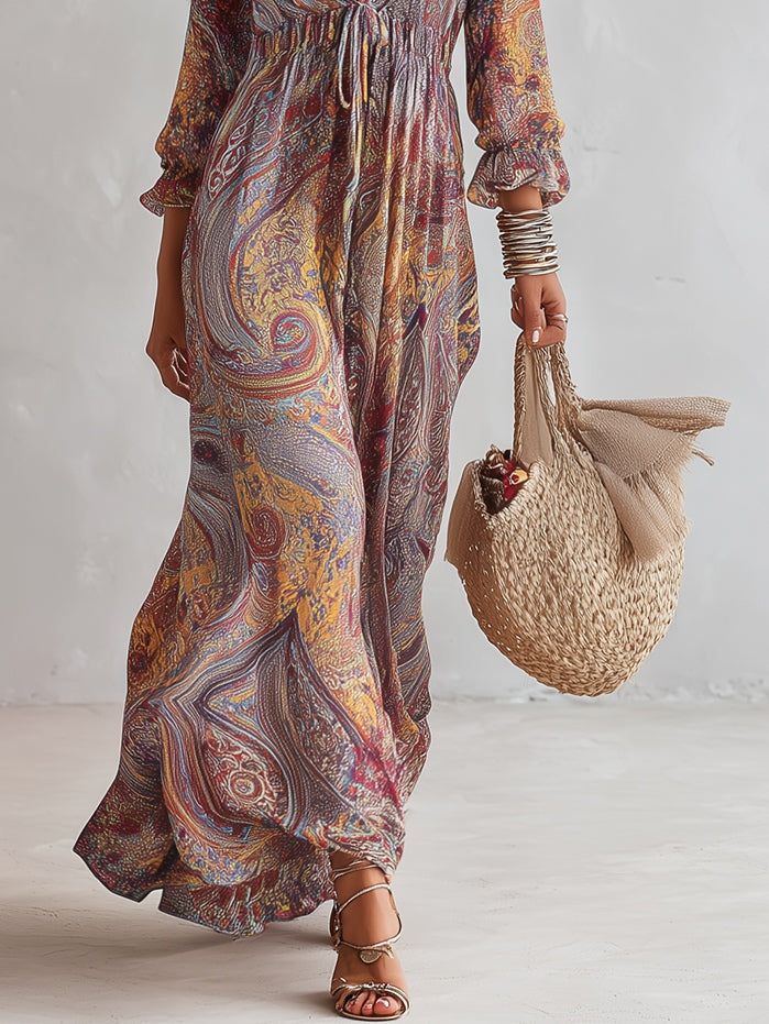 Vestido maxi de gasa con estampado paisley y escote en V