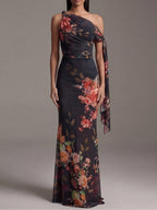 Vestido maxi plisado negro de un solo hombro