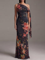 Vestido maxi plisado negro de un solo hombro