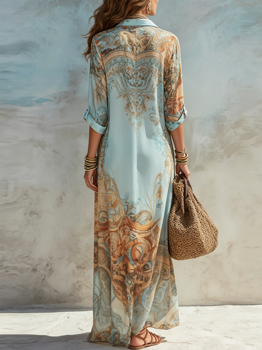 Vestido maxi azul con estampado floral