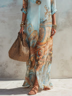 Vestido maxi azul con estampado floral