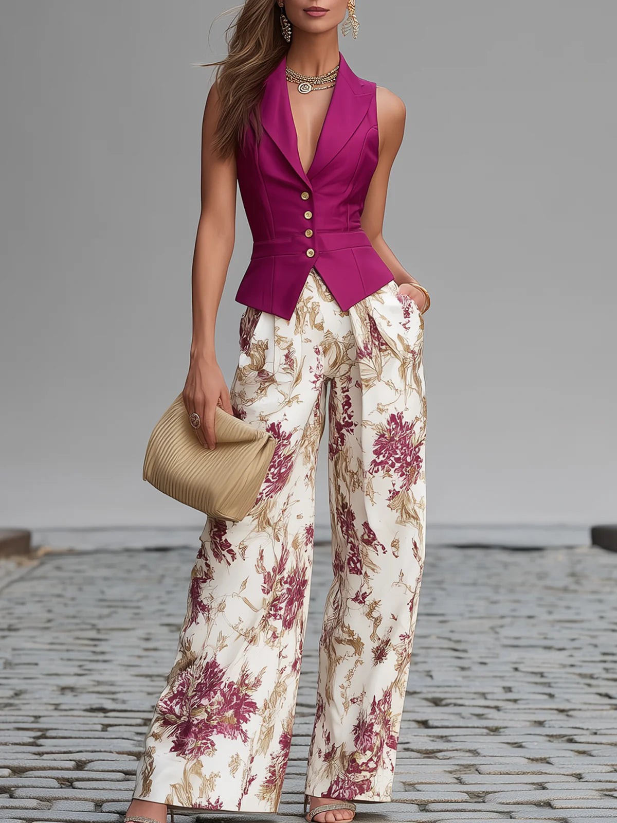 Conjunto de chaleco rosa y pantalón ancho floral