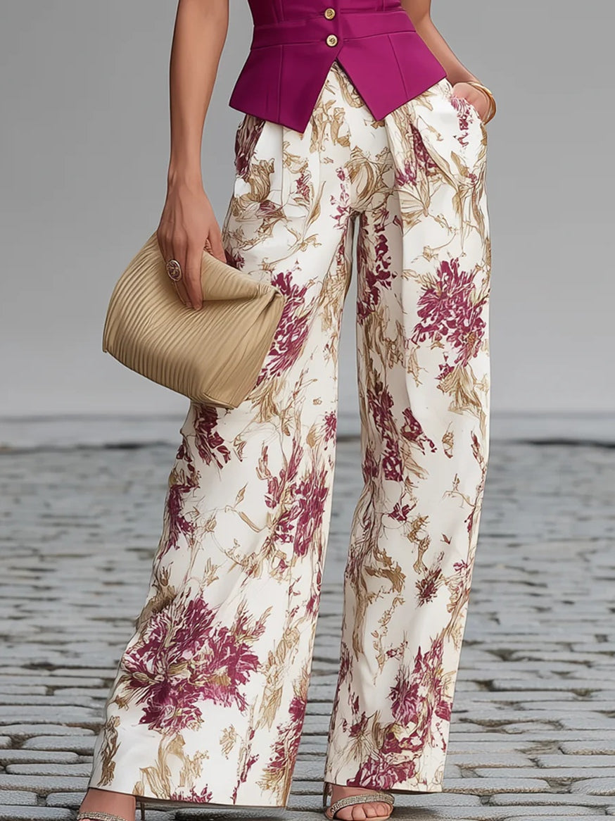 Conjunto de chaleco rosa y pantalón ancho floral