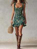 Vestido mini verde estampado bohemio con volantes