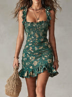 Vestido mini verde estampado bohemio con volantes
