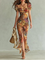 Vestido maxi de gasa naranja con estampado al óleo