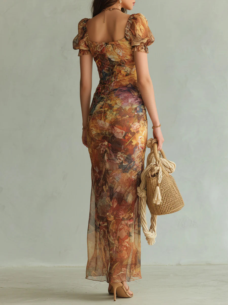 Vestido maxi de gasa naranja con estampado al óleo
