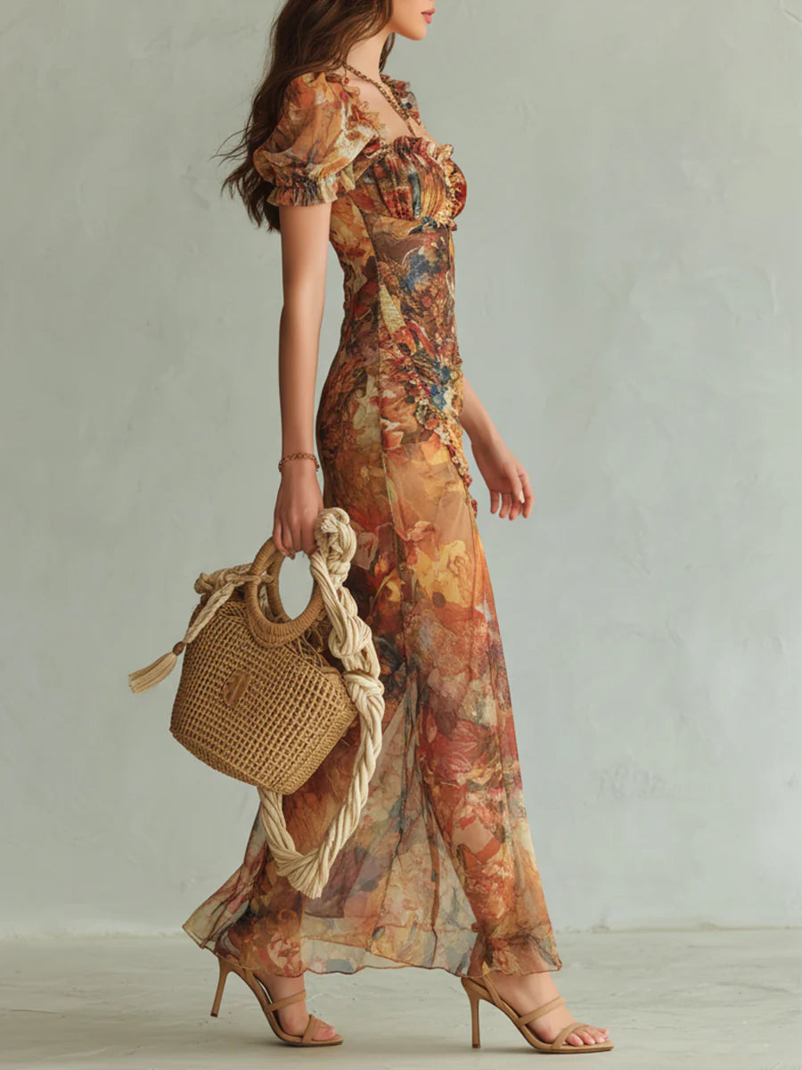 Vestido maxi de gasa naranja con estampado al óleo