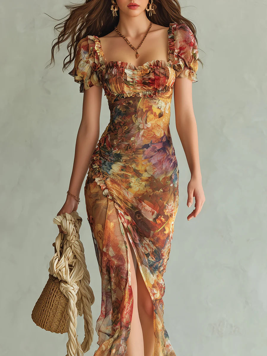 Vestido maxi de gasa naranja con estampado al óleo