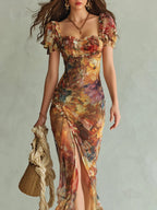 Vestido maxi de gasa naranja con estampado al óleo