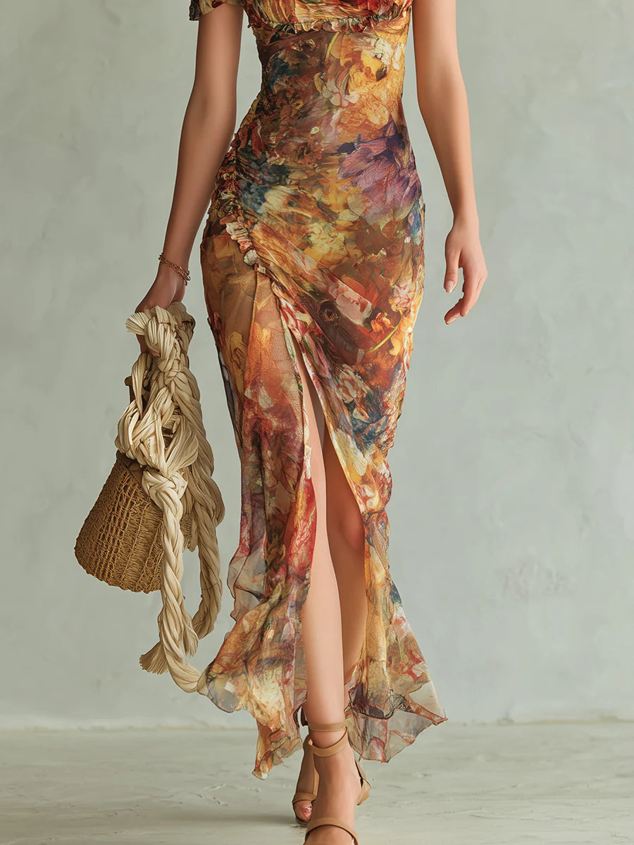 Vestido maxi de gasa naranja con estampado al óleo