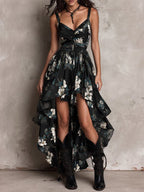 Vestido maxi palabra de honor con estampado floral negro