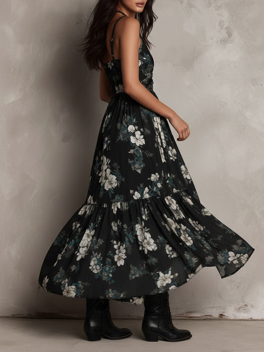 Vestido maxi palabra de honor con estampado floral negro